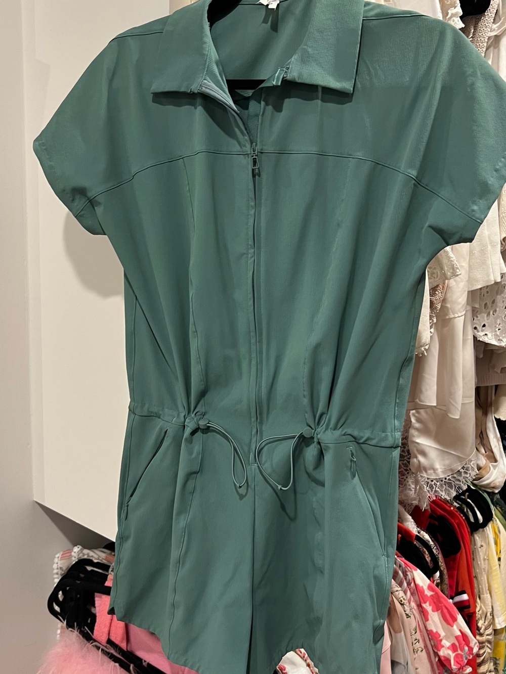 Lululemon cinched waist Green Short Sleeve Zip-Front Romper